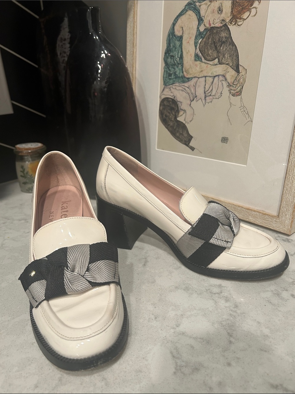 kate spade Cream Patent Leather Block Heel Loafers with Black & Gray Bow